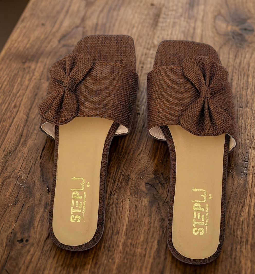 Brown Rexine Bow Flat Slides for Women