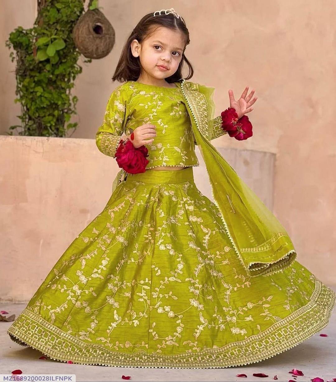 Yellow Embroidered Raw Silk Lehenga Set for Girls 1-12