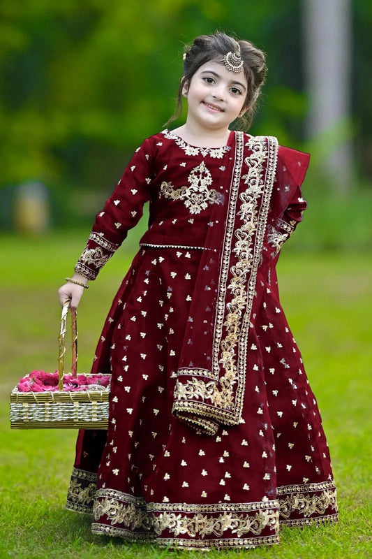 Maroon Shamoz Silk 3-Piece Eid Set for Girls 5-12 Years