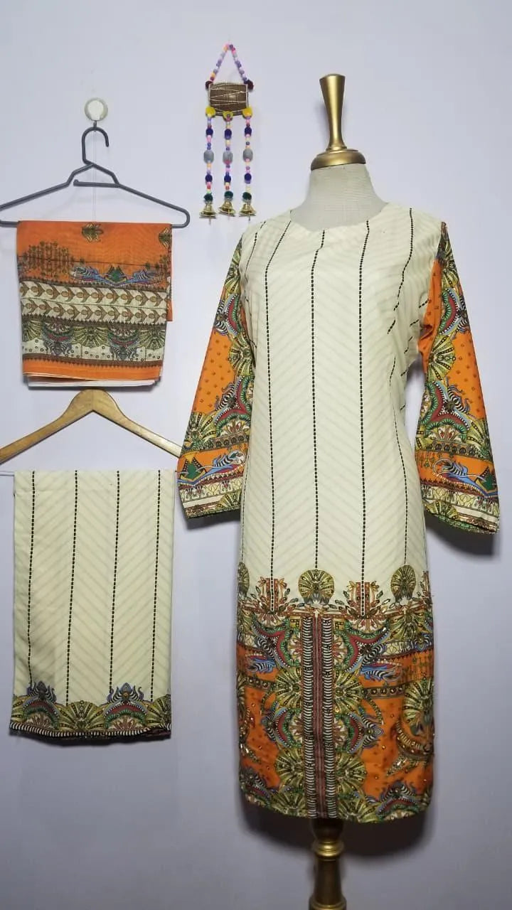 Pakistani Printed Embroidered Kurta Set Orange Beige