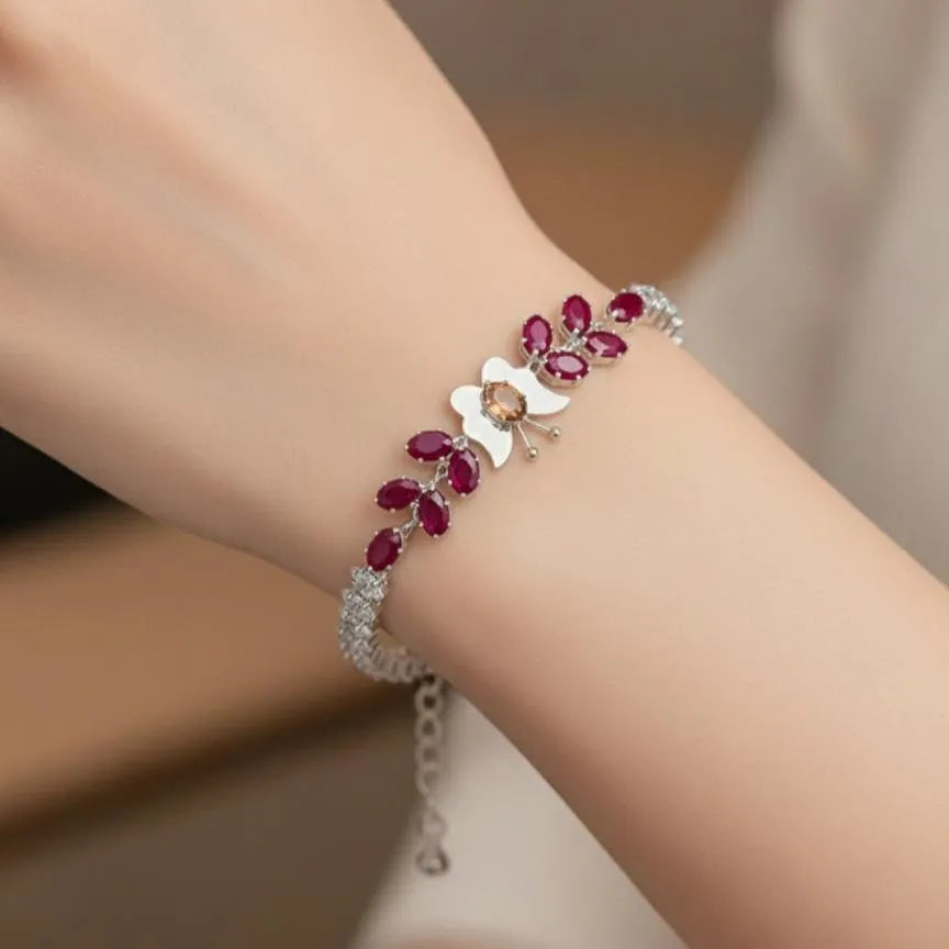 Silver Butterfly Bracelet with Red & Black Stones for Women