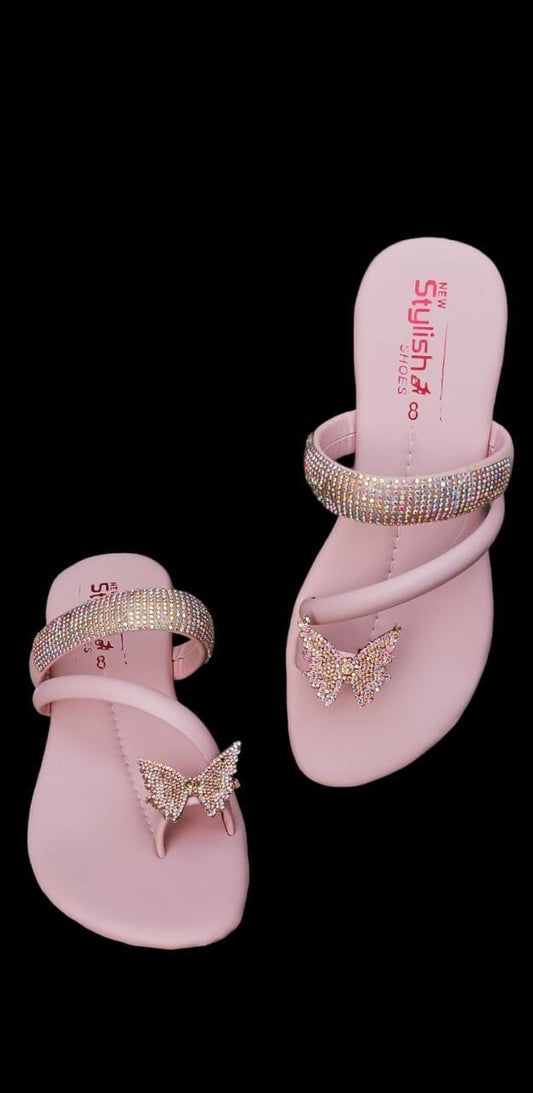 Pink Butterfly Rhinestone Flip Flops for Women