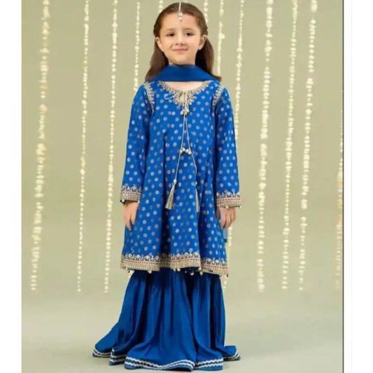 Blue Embroidered 3-Piece Girl's Kurta Shalwar Suit for 8-10Yrs