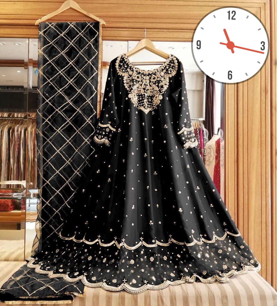 Heavy Neck,Border Embroidery With Handwork Long Maxi With Full Emb Dupatta 3Piece