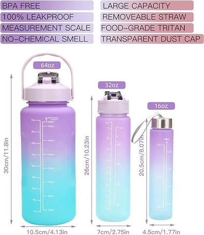 3 Piece Motivational Water Bottle Set BPA Free Plastic Gradient Colors For Students Fitness And Daily Use | Random Color