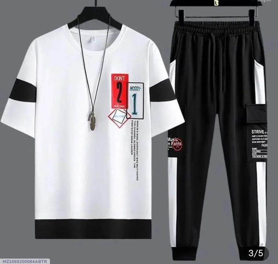 Men Black White Track Suit 2Pc Polyester Warm Weather