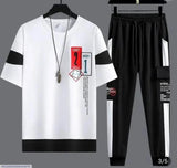 Men Black White Track Suit 2Pc Polyester Warm Weather