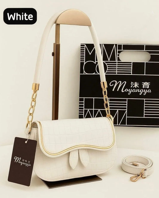 White Crossbody Bag with Gold Chain & Detachable Strap