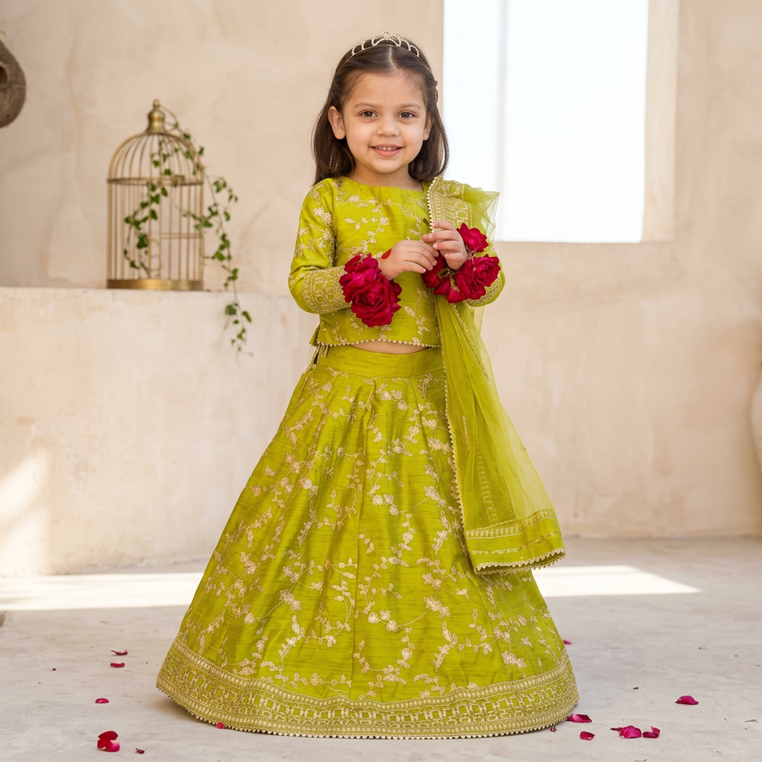Yellow Embroidered Raw Silk Lehenga Set for Girls 1-12