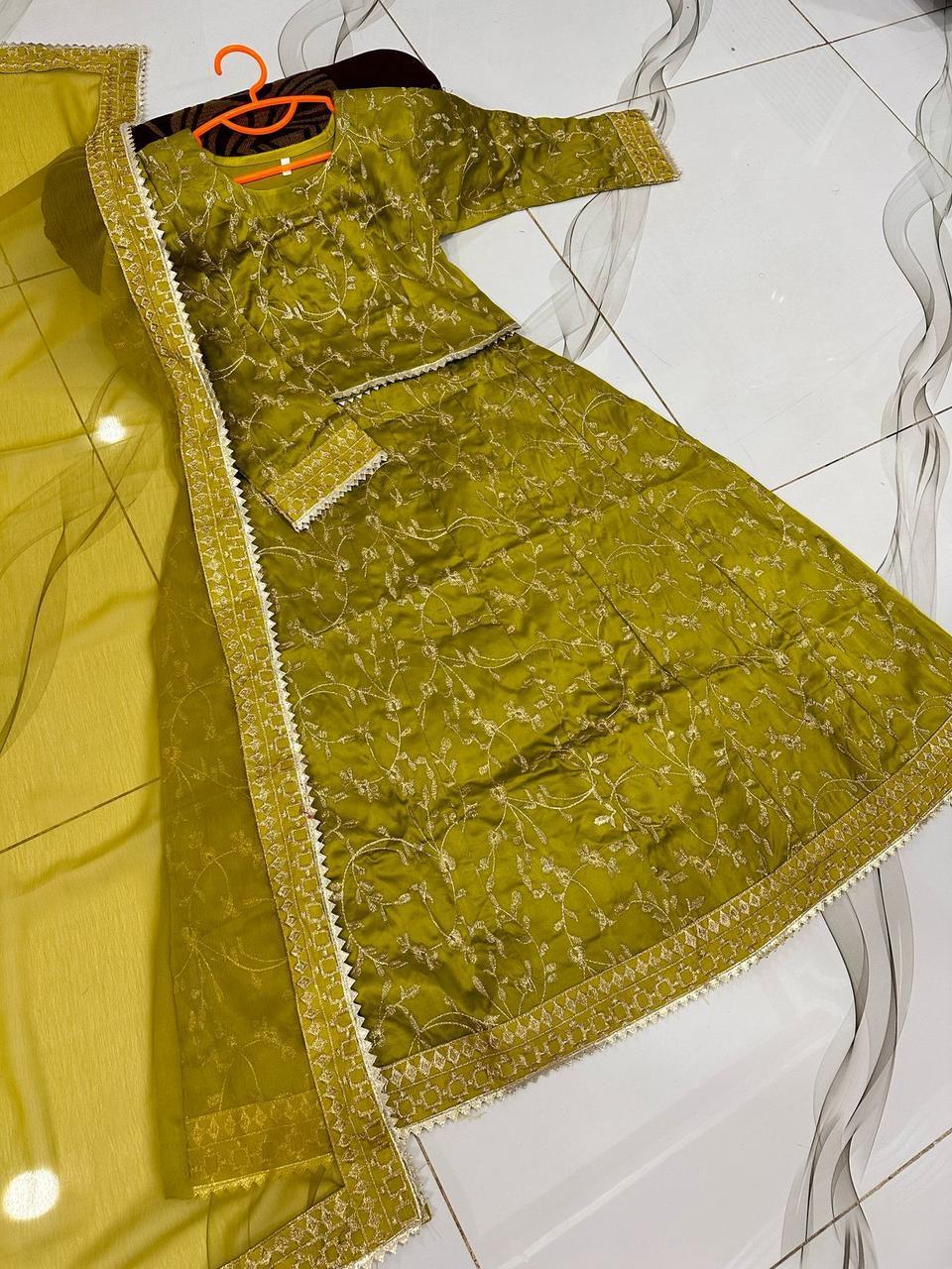 Yellow Embroidered Raw Silk Lehenga Set for Girls 1-12