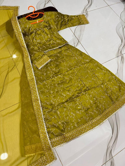 Yellow Embroidered Raw Silk Lehenga Set for Girls 1-12