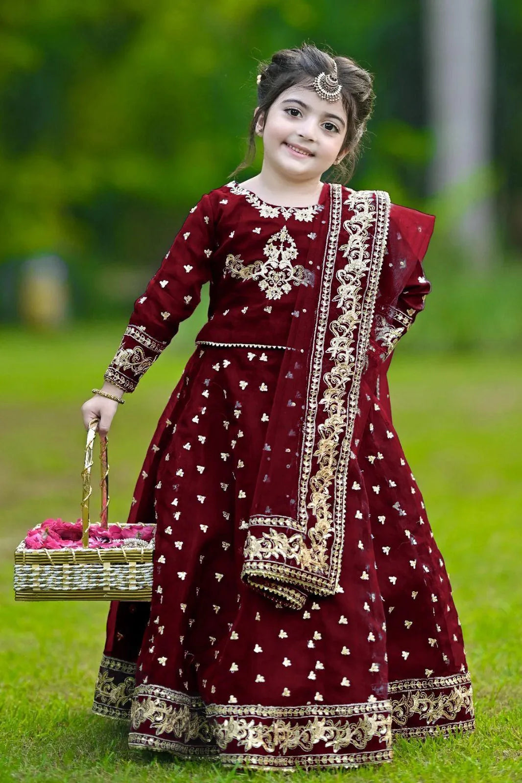 Maroon Shamoz Silk 3-Piece Eid Set for Girls 5-12 Years