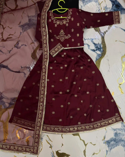 Maroon Shamoz Silk 3-Piece Eid Set for Girls 5-12 Years