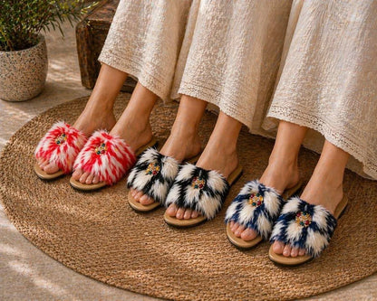 Fur Embroidered Flats for Women Blue Warm Comfort