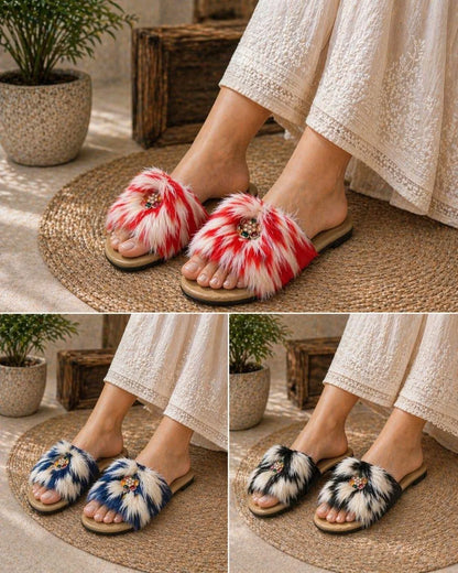 Fur Embroidered Flats for Women Blue Warm Comfort