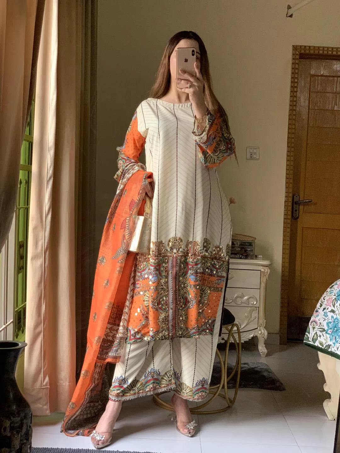 Pakistani Printed Embroidered Kurta Set Orange Beige