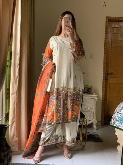 Pakistani Printed Embroidered Kurta Set Orange Beige