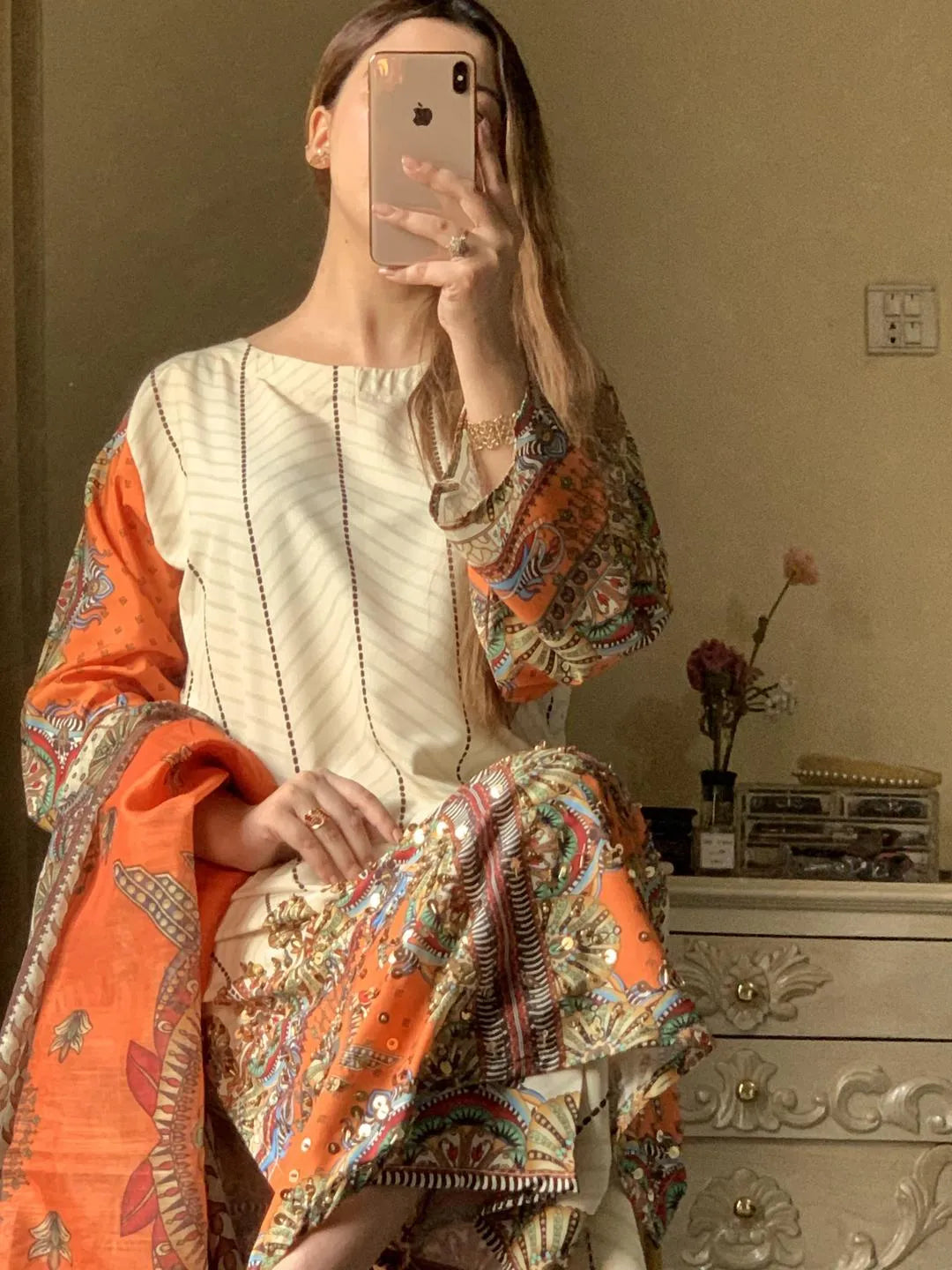 Pakistani Printed Embroidered Kurta Set Orange Beige