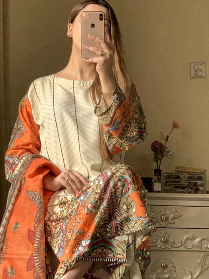 Pakistani Printed Embroidered Kurta Set Orange Beige
