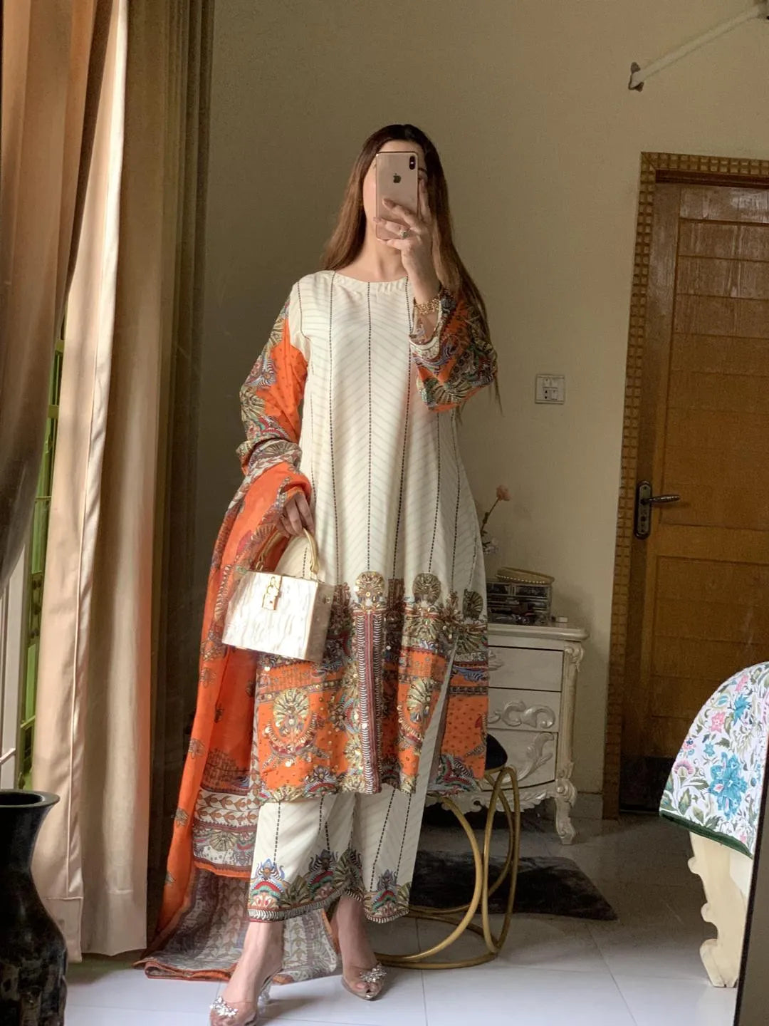 Pakistani Printed Embroidered Kurta Set Orange Beige