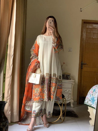 Pakistani Printed Embroidered Kurta Set Orange Beige