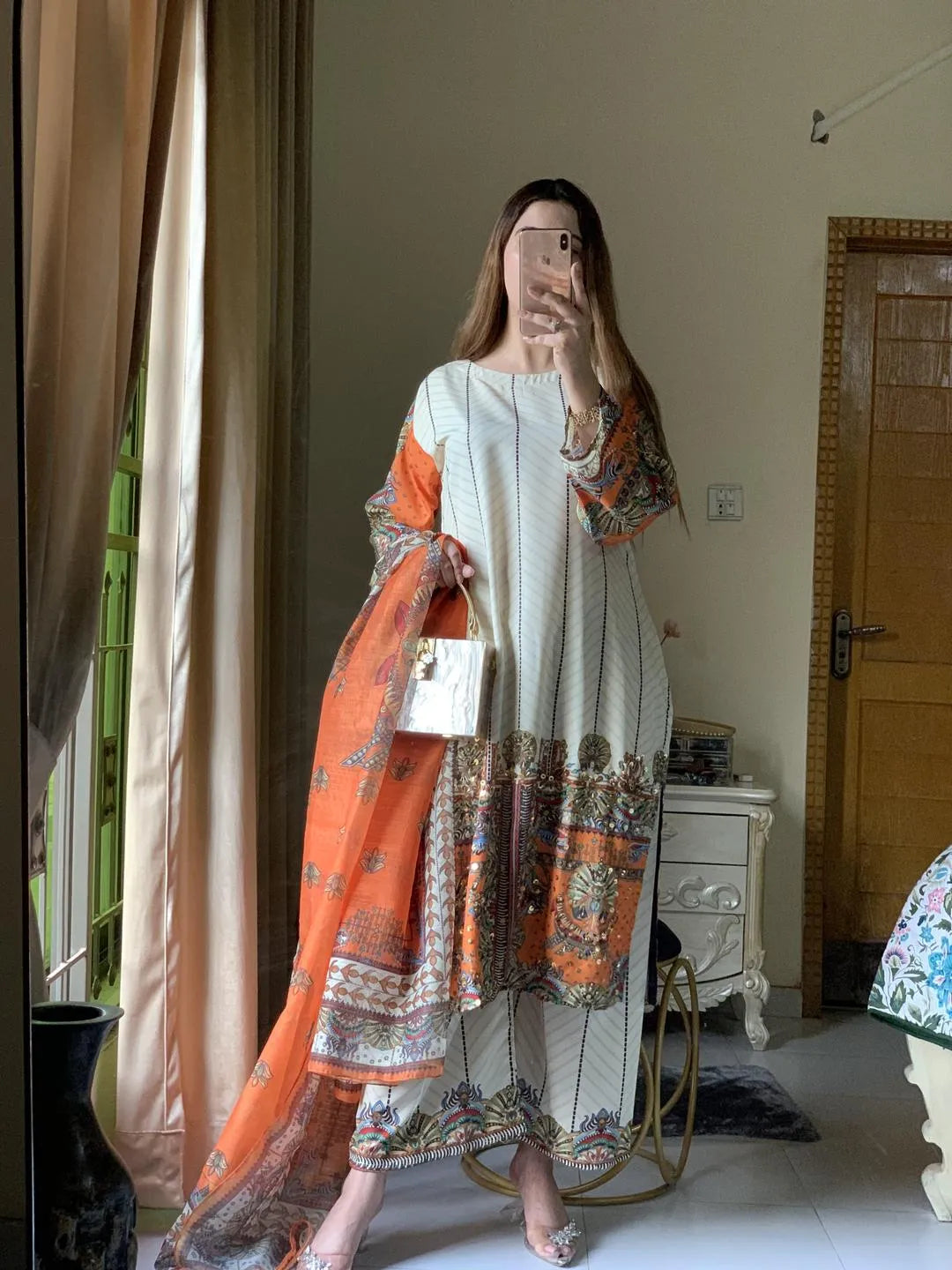 Pakistani Printed Embroidered Kurta Set Orange Beige