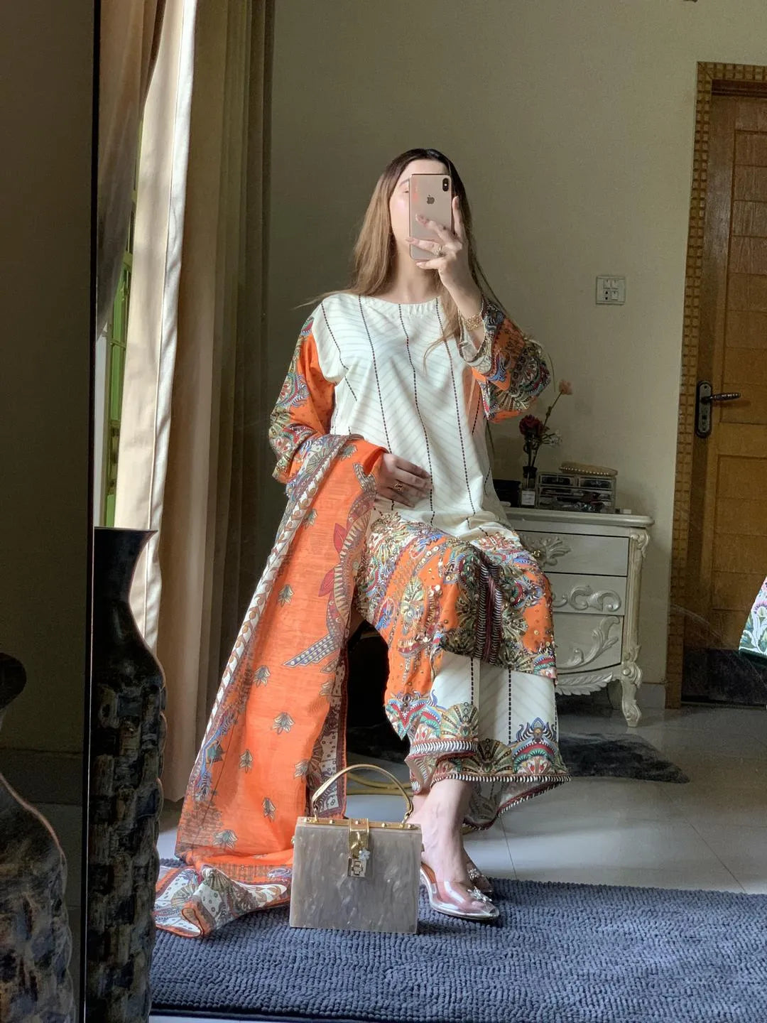 Pakistani Printed Embroidered Kurta Set Orange Beige