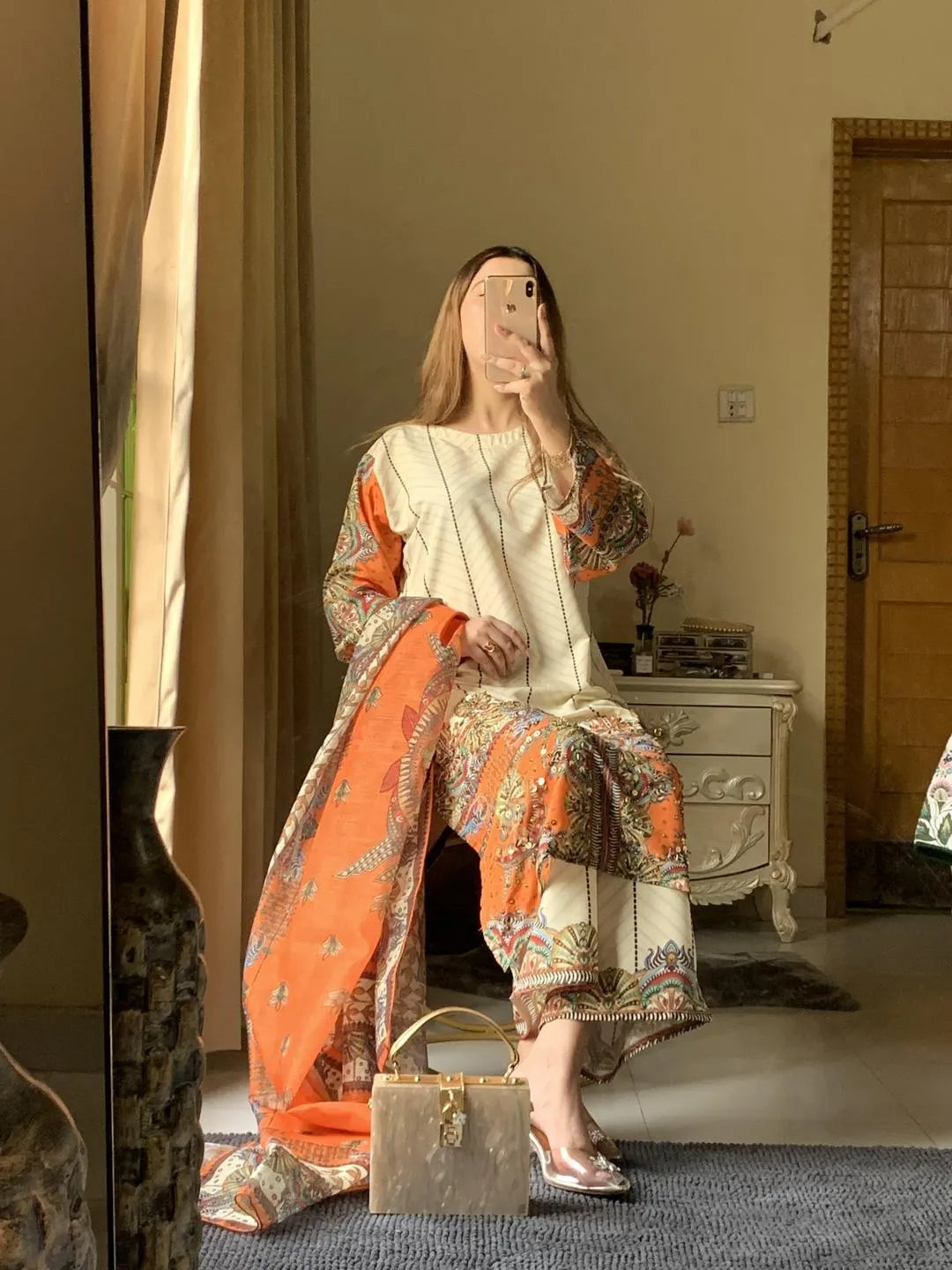 Pakistani Printed Embroidered Kurta Set Orange Beige