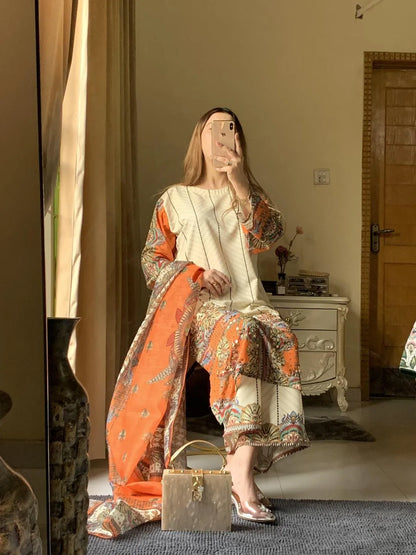 Pakistani Printed Embroidered Kurta Set Orange Beige