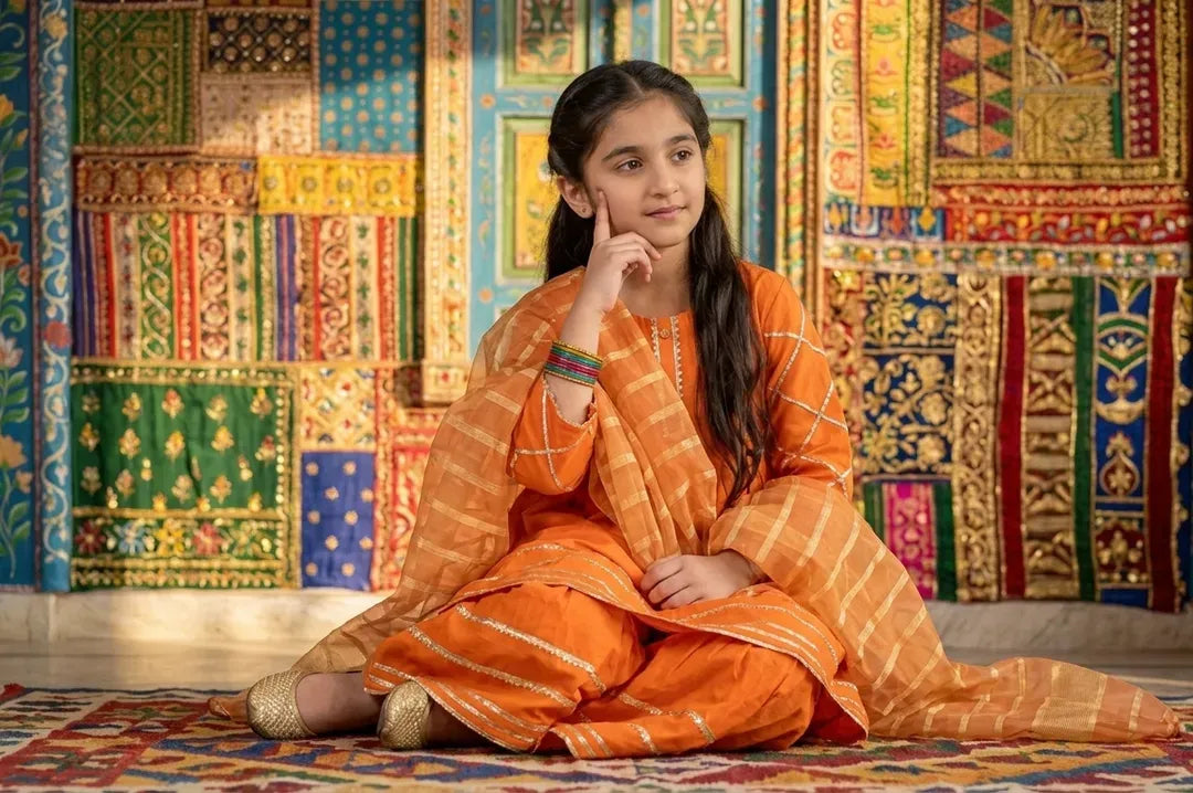 Orange Printed Kurta Pajama Set for Girls