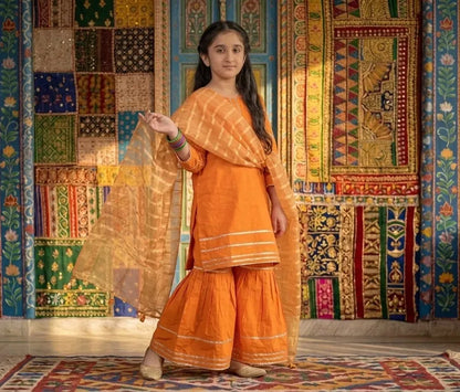 Orange Printed Kurta Pajama Set for Girls