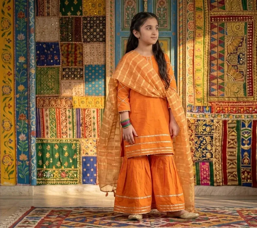 Orange Printed Kurta Pajama Set for Girls