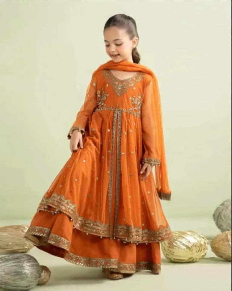 Orange Embroidered Lawn 3Pcs Set for Girls 3-4Yrs
