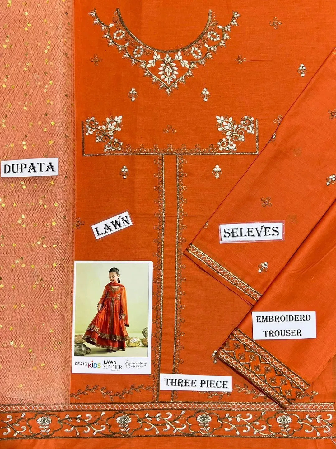 Orange Embroidered Lawn 3Pcs Set for Girls 3-4Yrs