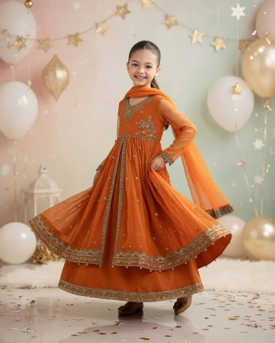 Orange Embroidered Lawn 3Pcs Set for Girls 3-4Yrs