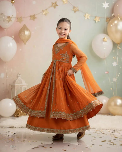 Orange Embroidered Lawn 3Pcs Set for Girls 3-4Yrs