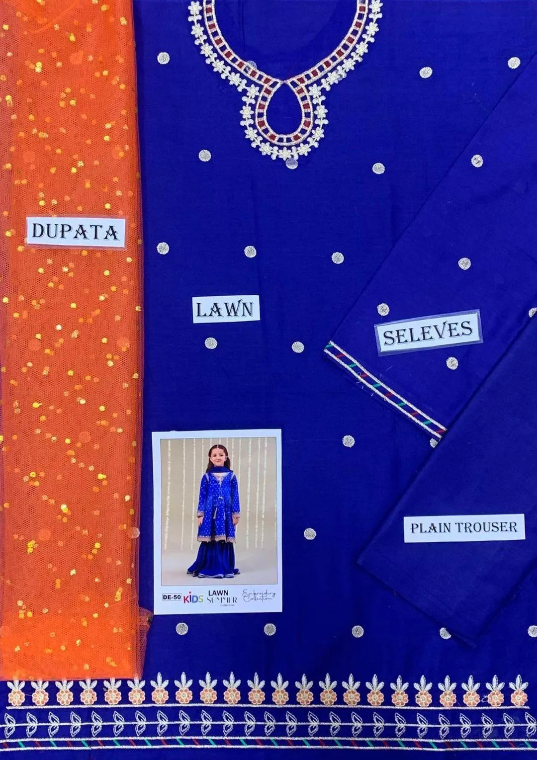 Blue Embroidered 3-Piece Girl's Kurta Shalwar Suit for 8-10Yrs