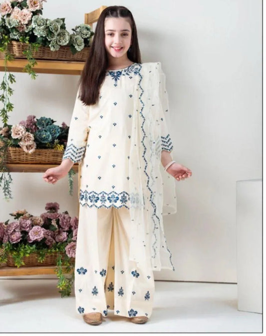 Off-White Embroidered Cotton Kurta Shalwar Set for Girls 8-10Yrs
