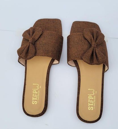 Brown Rexine Bow Flat Slides for Women