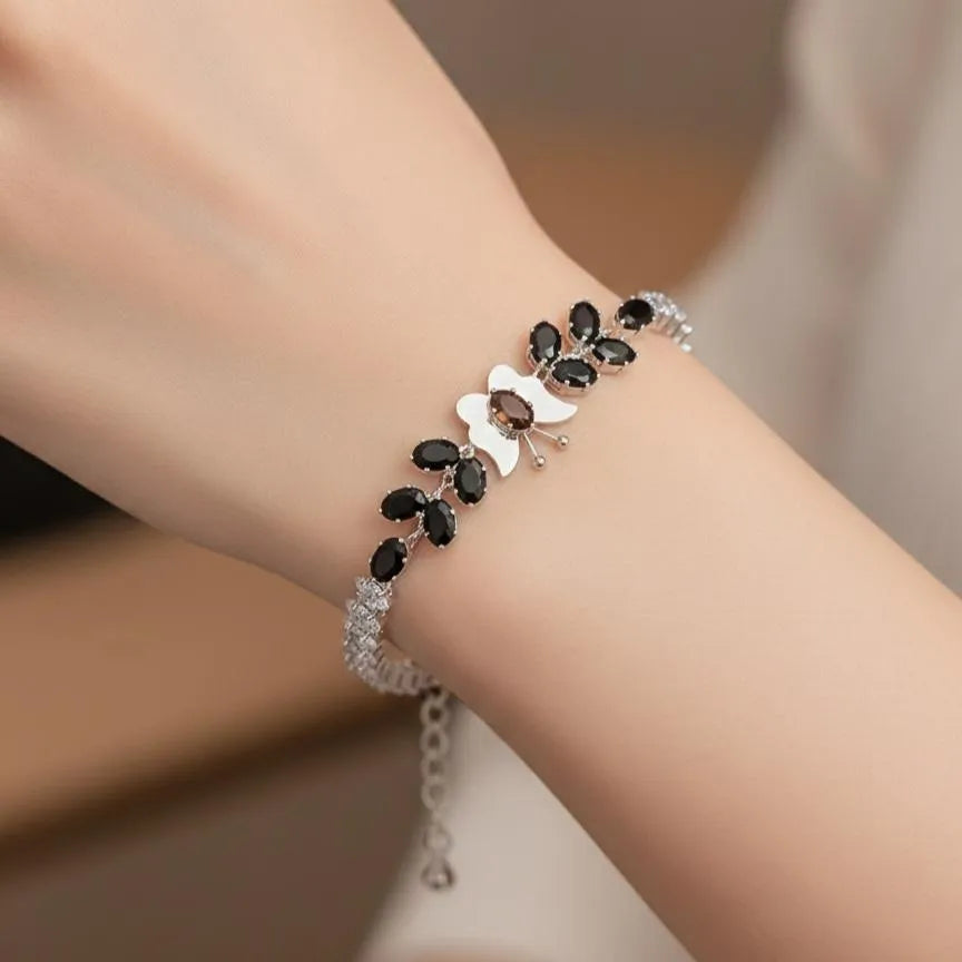 Silver Butterfly Bracelet with Red & Black Stones for Women