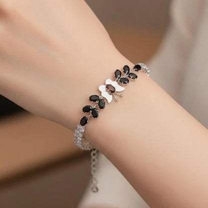 Silver Butterfly Bracelet with Red & Black Stones for Women