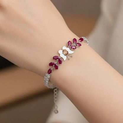 Silver Butterfly Bracelet with Red & Black Stones for Women