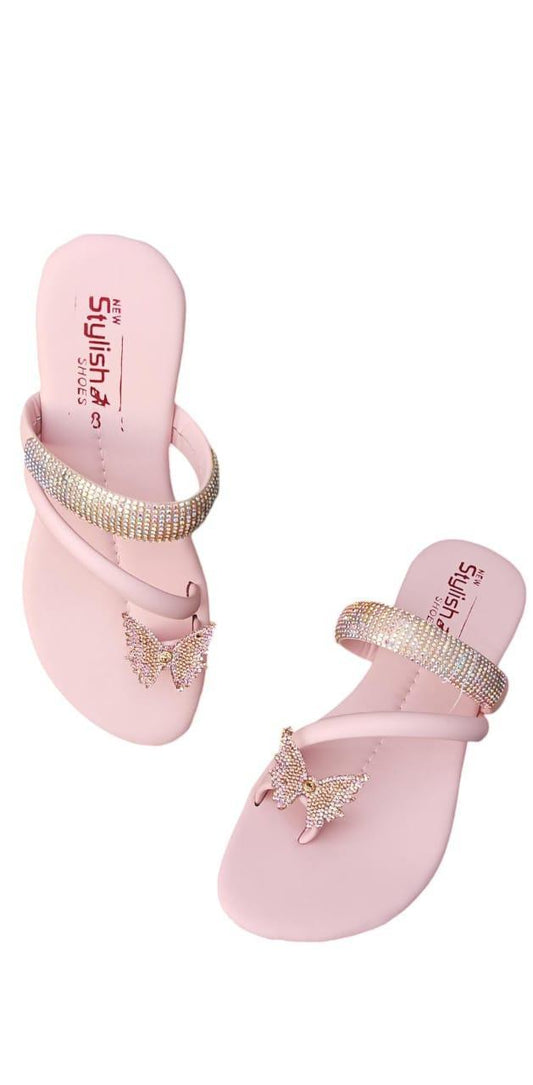 Pink Butterfly Rhinestone Flip Flops for Women