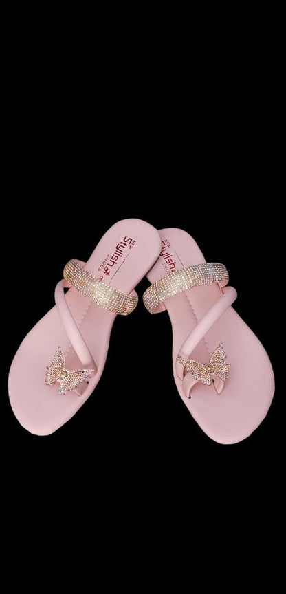 Pink Butterfly Rhinestone Flip Flops for Women