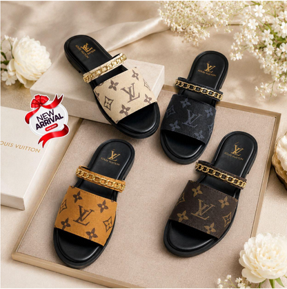 Luxury Monogram Designer Slipper with Chain Detail – Premium Edition