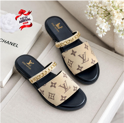 Luxury Monogram Designer Slipper with Chain Detail – Premium Edition