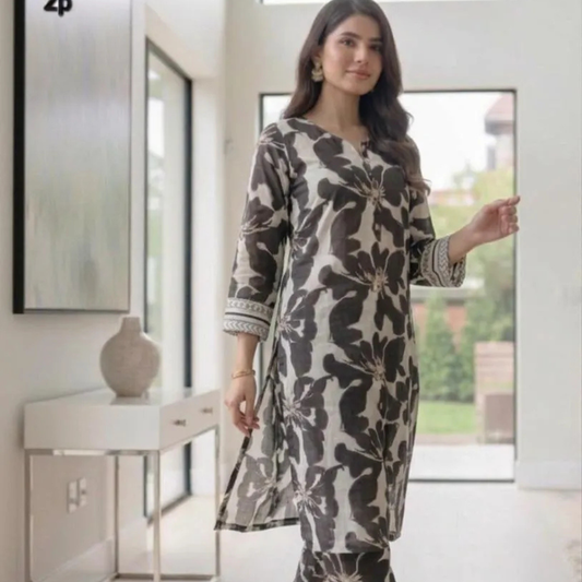 Women Printed 2Pcs Arabic Lawn Suit Multicolor