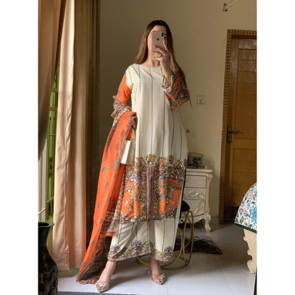 Pakistani Printed Embroidered Kurta Set Orange Beige