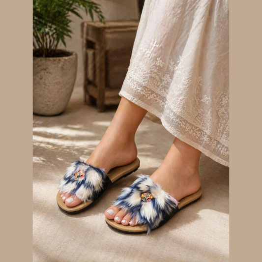 Fur Embroidered Flats for Women Blue Warm Comfort