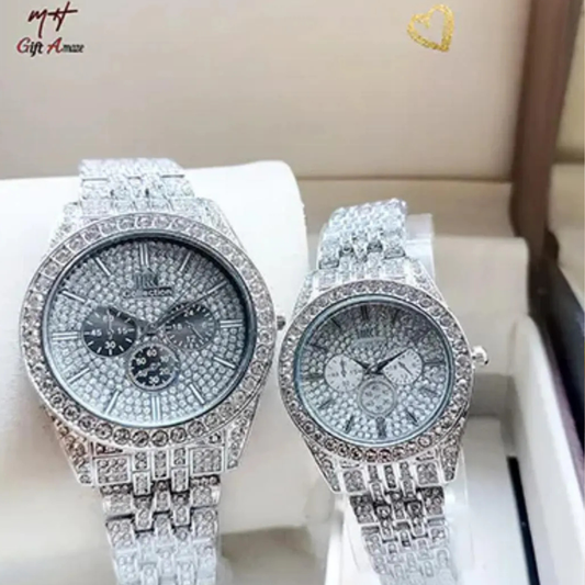 Unisex Rose Gold Couple Watches 2Pcs Crystal Chain Strap